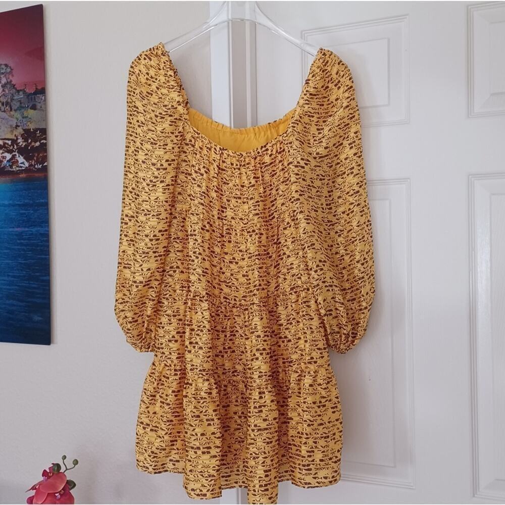 Alice + Olivia Rowen Mini Dress Yellow Maroon Floral Babydoll Puff Sleeve M - Picture 5 of 12